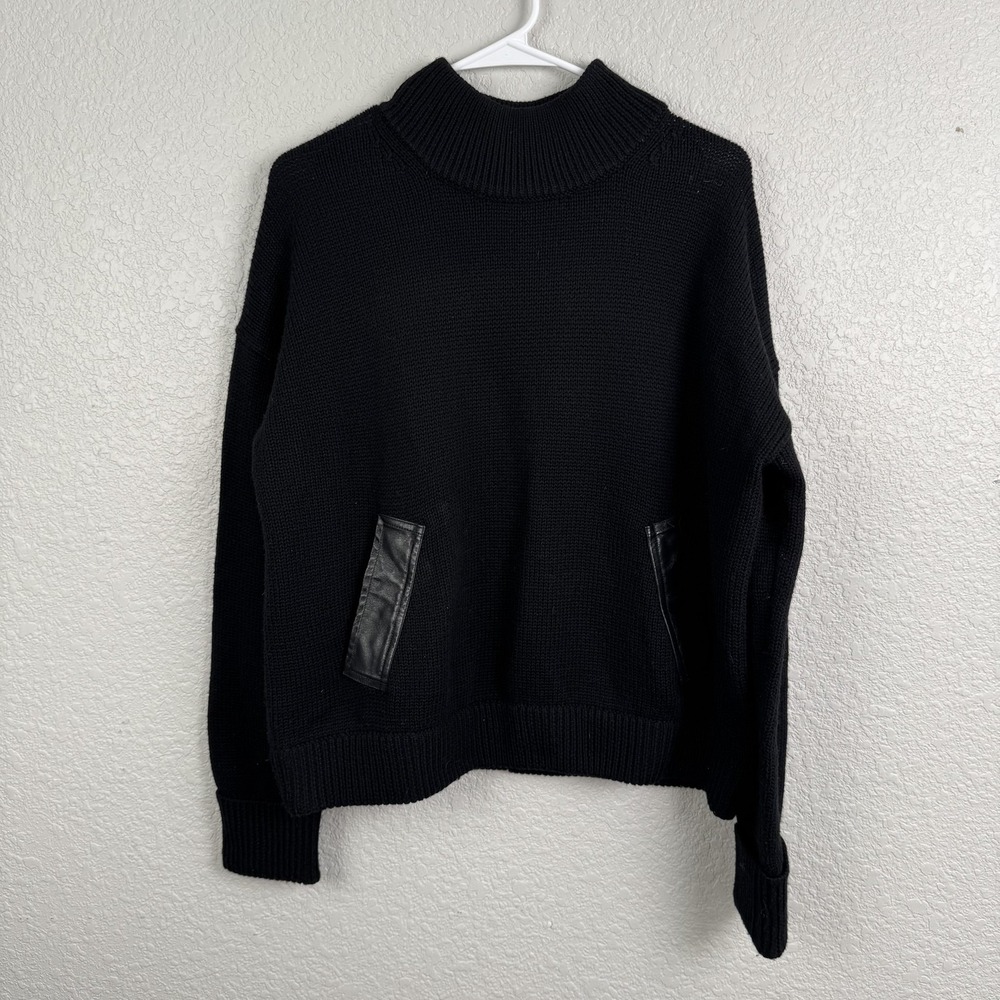 Brochu Walker Sweater Womens Medium Black Merino Wool Mock Neck Leather Trim